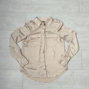 H&M Blouse Satin-look Oyster Beige Long Sleeve Covered Buttons Collared XXS